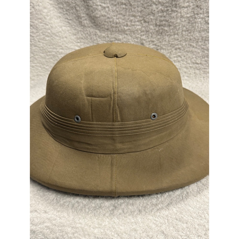 Vintage Khaki Cotton Pith Helmet Safari Explorer Sun Hat Size 7 Tan - Picture 5 of 8